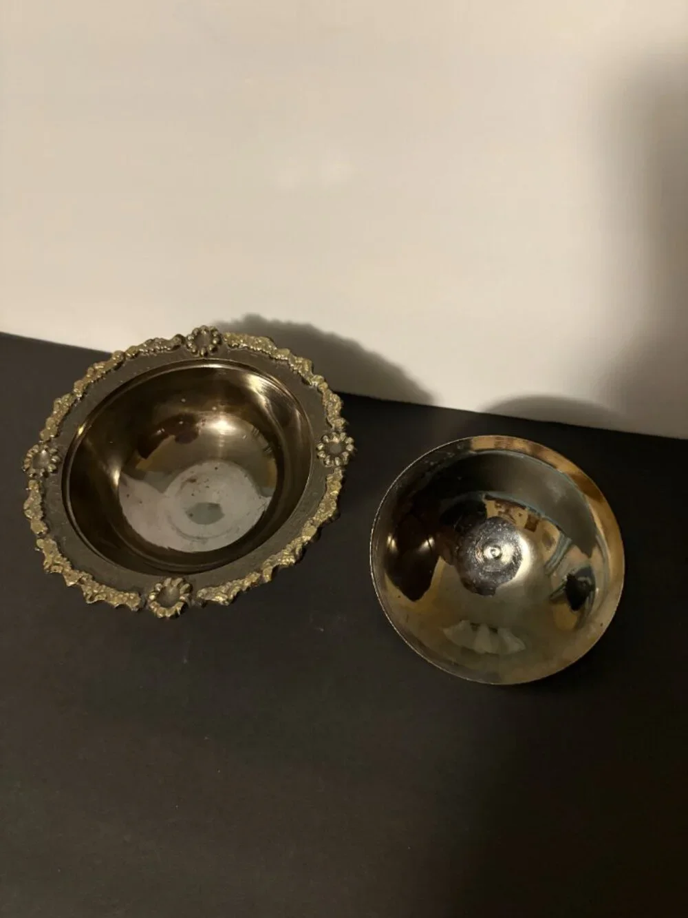 Vintage Black and Gold Enameled Embossed Brass Covered Tooted Dish